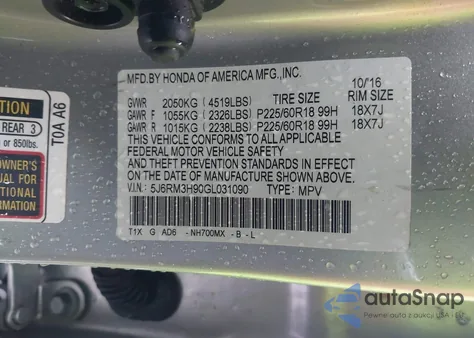 2016 Honda Cr-V Touring из США, поврежденный, VIN 5J6RM3H90GL031090